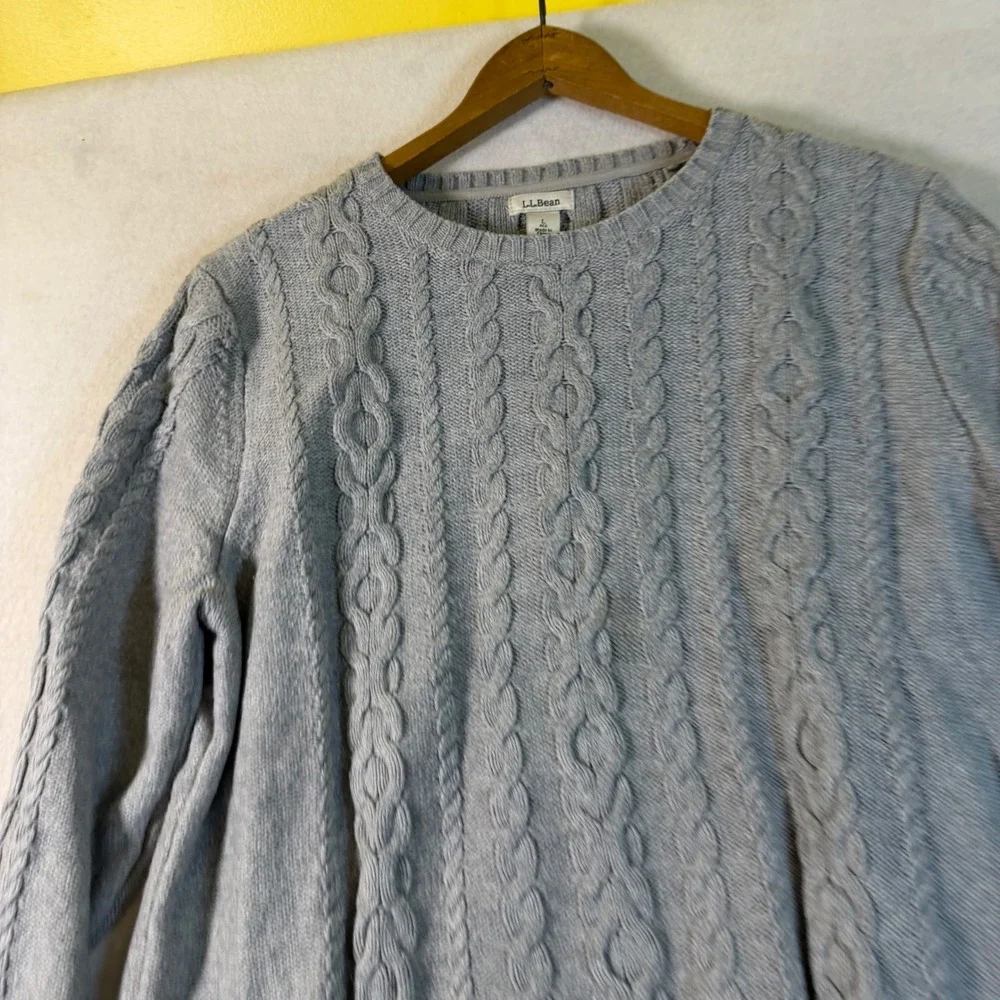 LL Bean Mens Large Cable Knit Crewneck Sweater Blue Gray Long Sleeve Classic Fit